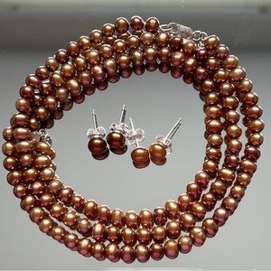 Copper Bronze Pearl Sterling Silver Necklace Bracelet Earring Set